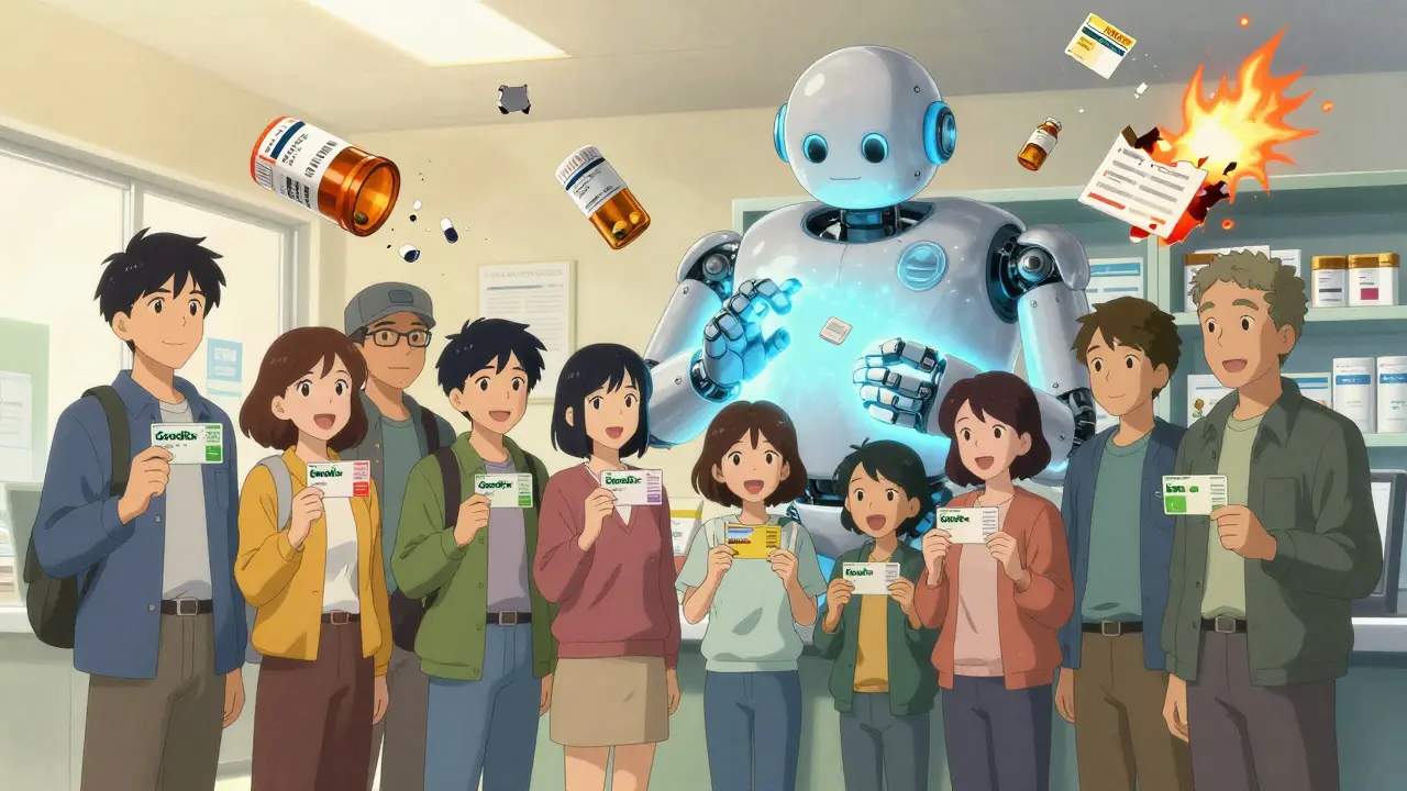 People receive safe medication from a glowing robotic pharmacist, surrounded by shattered fake drug bottles.