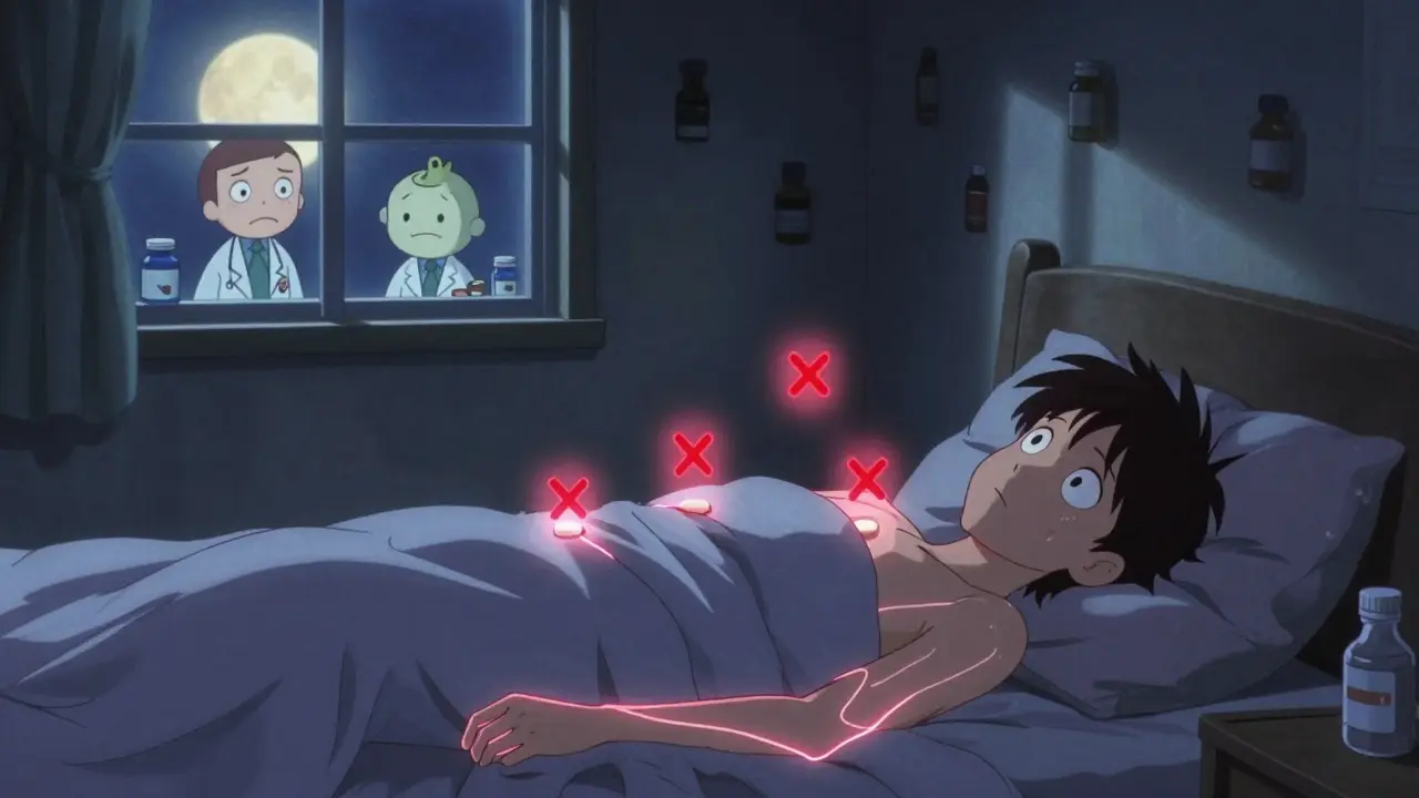 Person in bed with ghostly X’s marking missed doses, doctor and pharmacist watching.