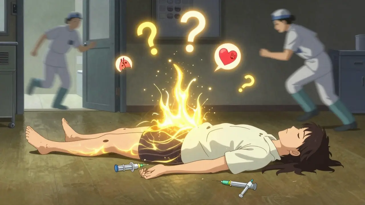 Person lying flat after epinephrine injection with glowing energy wave restoring body function