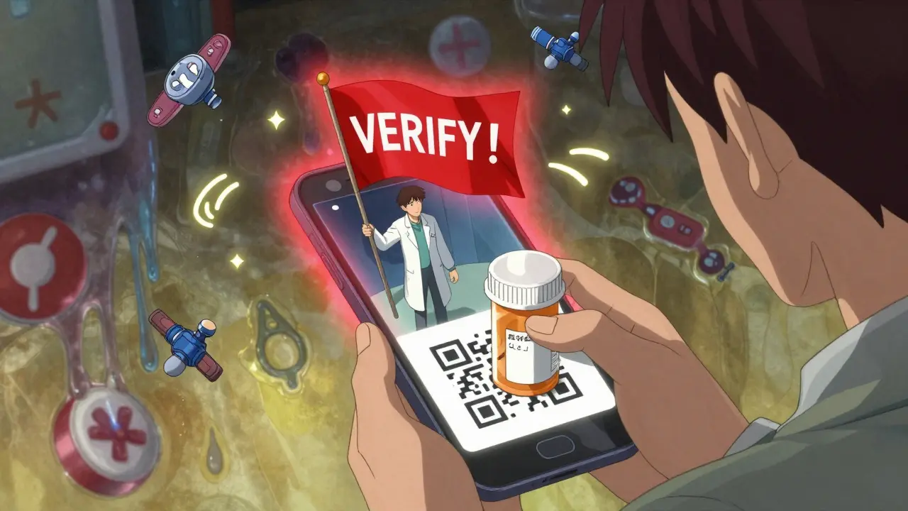 Person scanning a prescription QR code that opens a surreal portal to a miniature pharmacist.