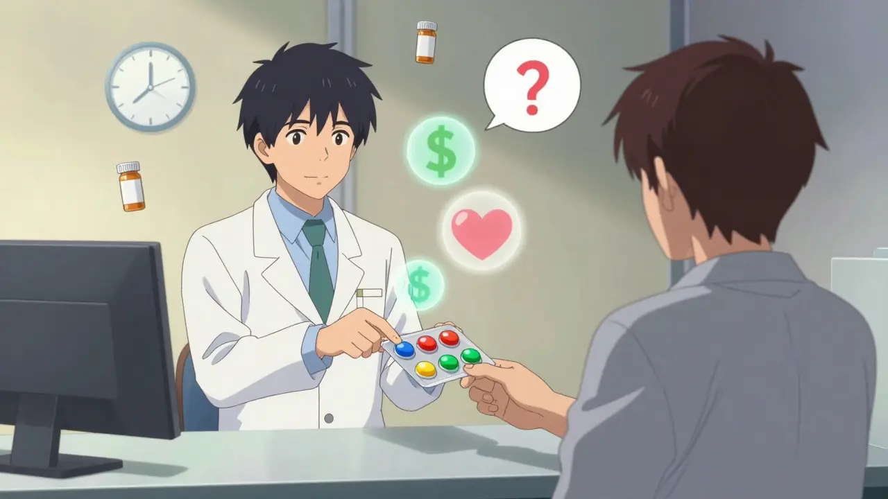 Pharmacist giving blister pack with floating icons representing adherence challenges.