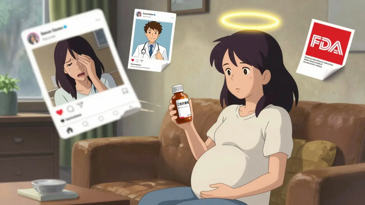 Pregnant woman with glowing acetaminophen bottle, floating social media myths and medical reassurances above her.