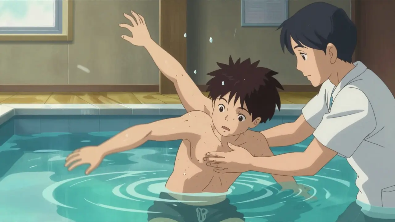 Someone experiences involuntary movements in a therapy room while water splashes nearby in a pool.