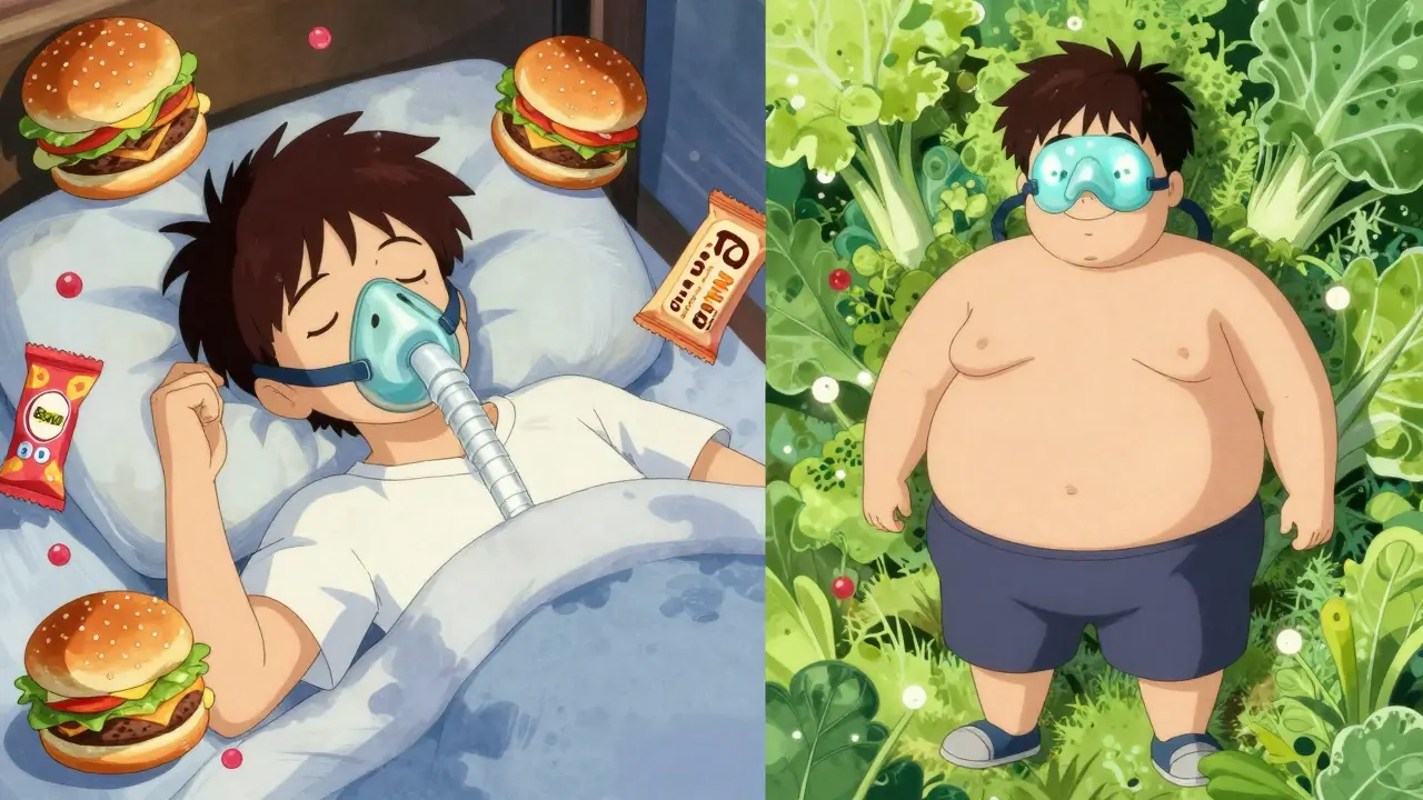 Split anime scene: left shows CPAP leak and junk food, right shows slimmed person with open airway and healthy foods.