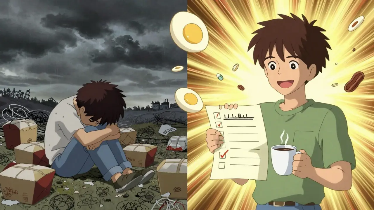 Split scene: chaotic takeout despair vs. calm meal planning triumph with glowing icons and dynamic motion.