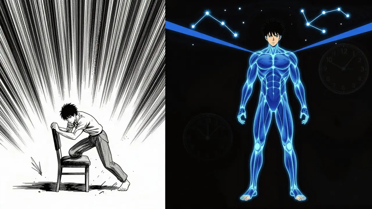 Split scene showing transition from struggling to stand to standing easily with glowing muscles.