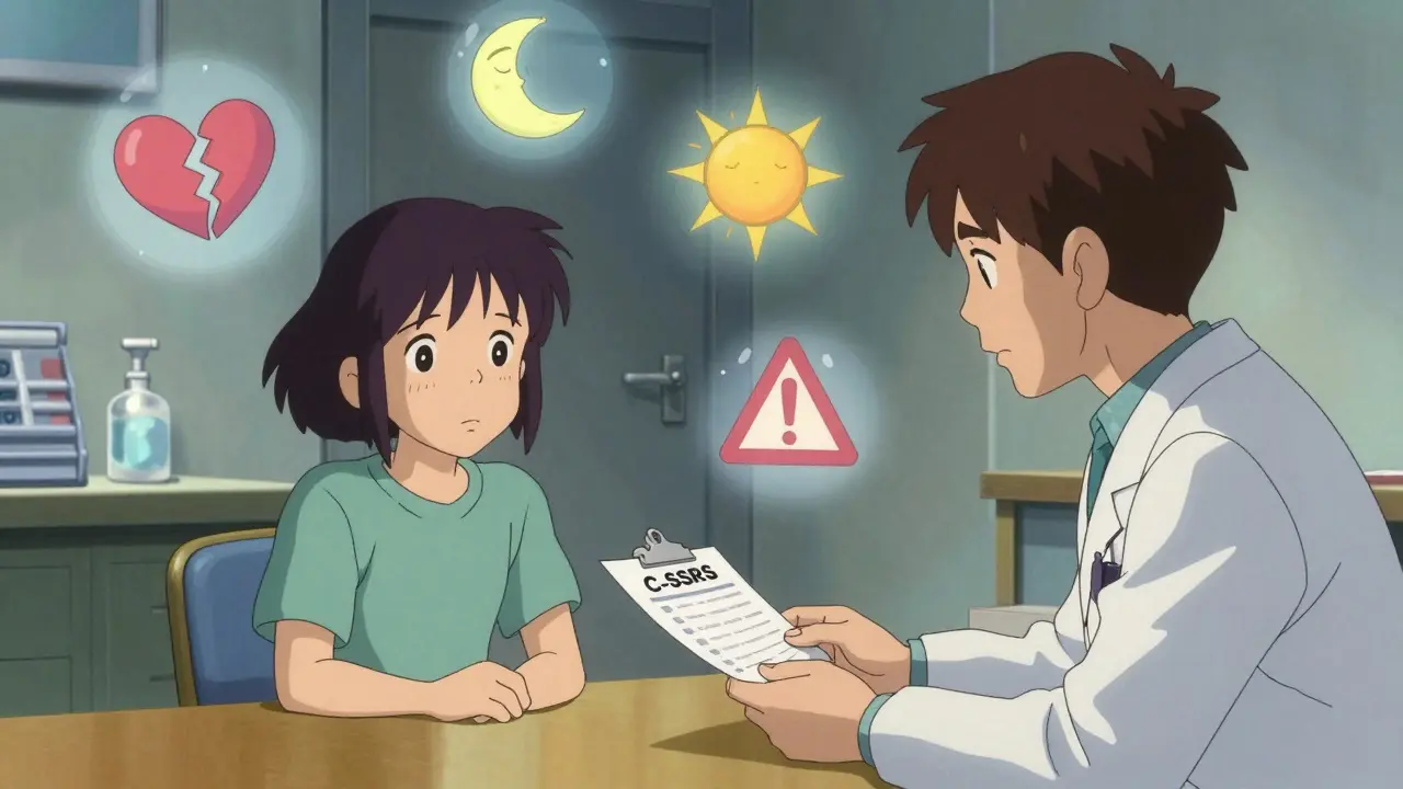 Teen, parent, and doctor in clinic with floating symbols representing treatment monitoring and emotional states.