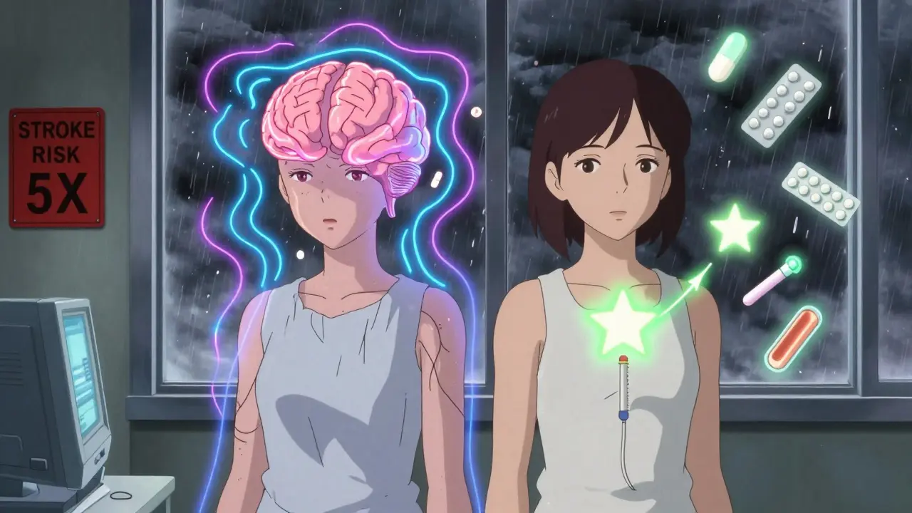 Woman’s body split between migraine stroke risk and safe progestin-only birth control options in surreal clinic setting.