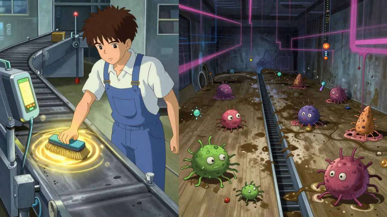 Worker testing a conveyor belt while hidden dirty floors spread bacteria in abstract, ink-like patterns.