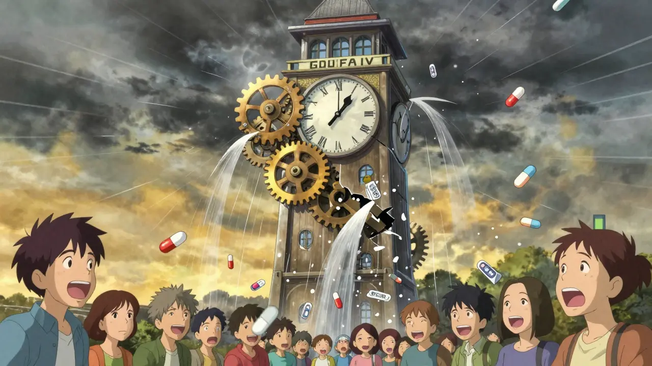 A broken clocktower of paperwork being repaired by H.R. 1843, with pills raining down on grateful patients.