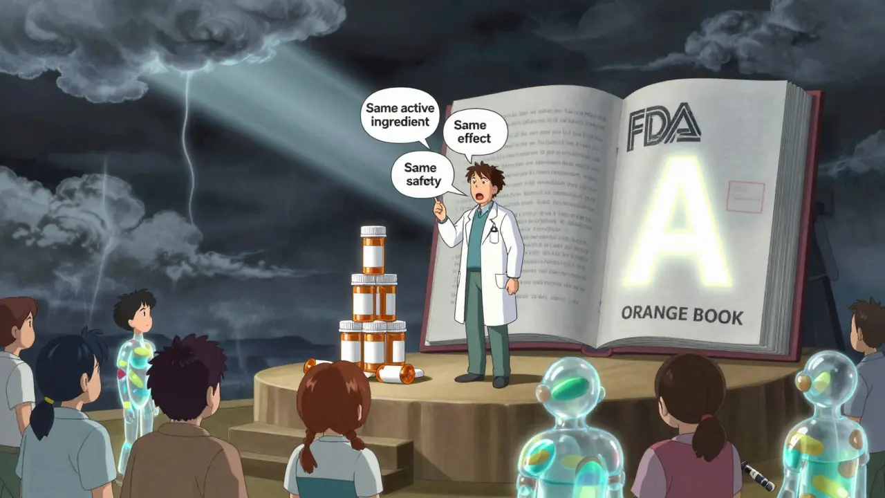 A clinician speaks to patients made of pills, with affirmations of generic equivalence projecting light to dispel misinformation clouds.