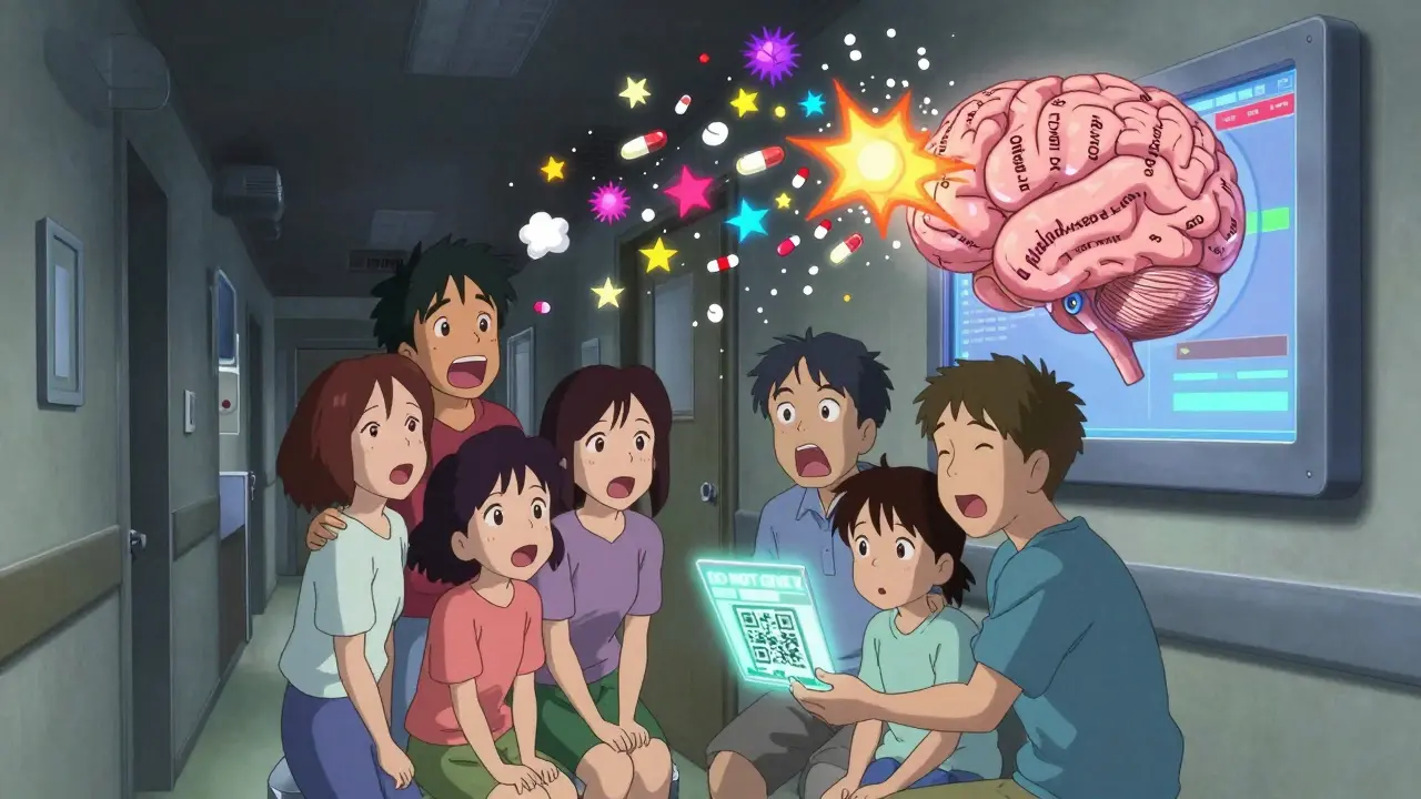 A family holds a glowing medical alert card as floating drug names explode like stars above them.