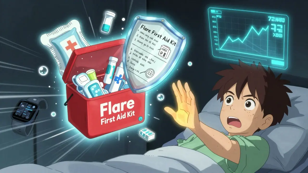 A glowing first aid kit activates as AI predicts a flare, with early symptoms glowing on skin.