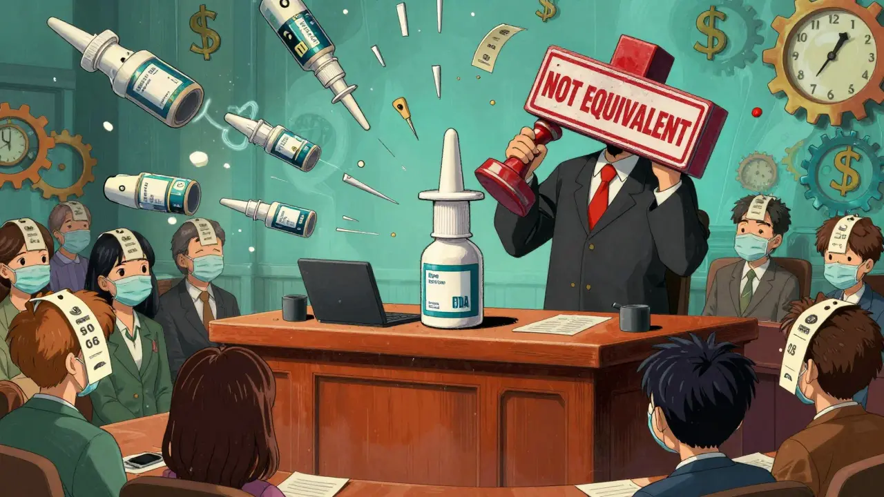 A nasal spray on trial against fragmented reformulations, with patients wearing price-tag masks.