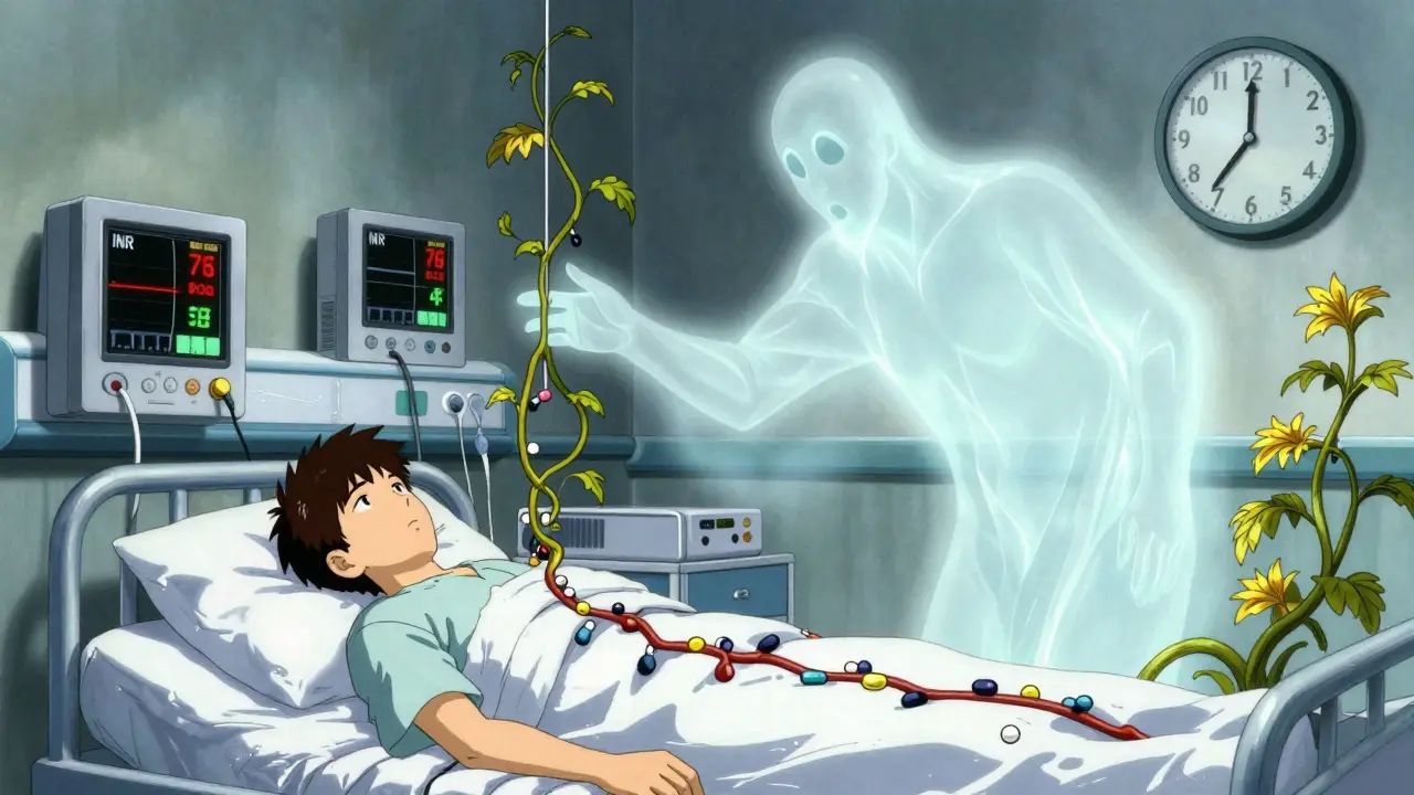 A patient in a hospital room with monitors flashing alerts as St. John's Wort vines pull drug molecules from their blood.