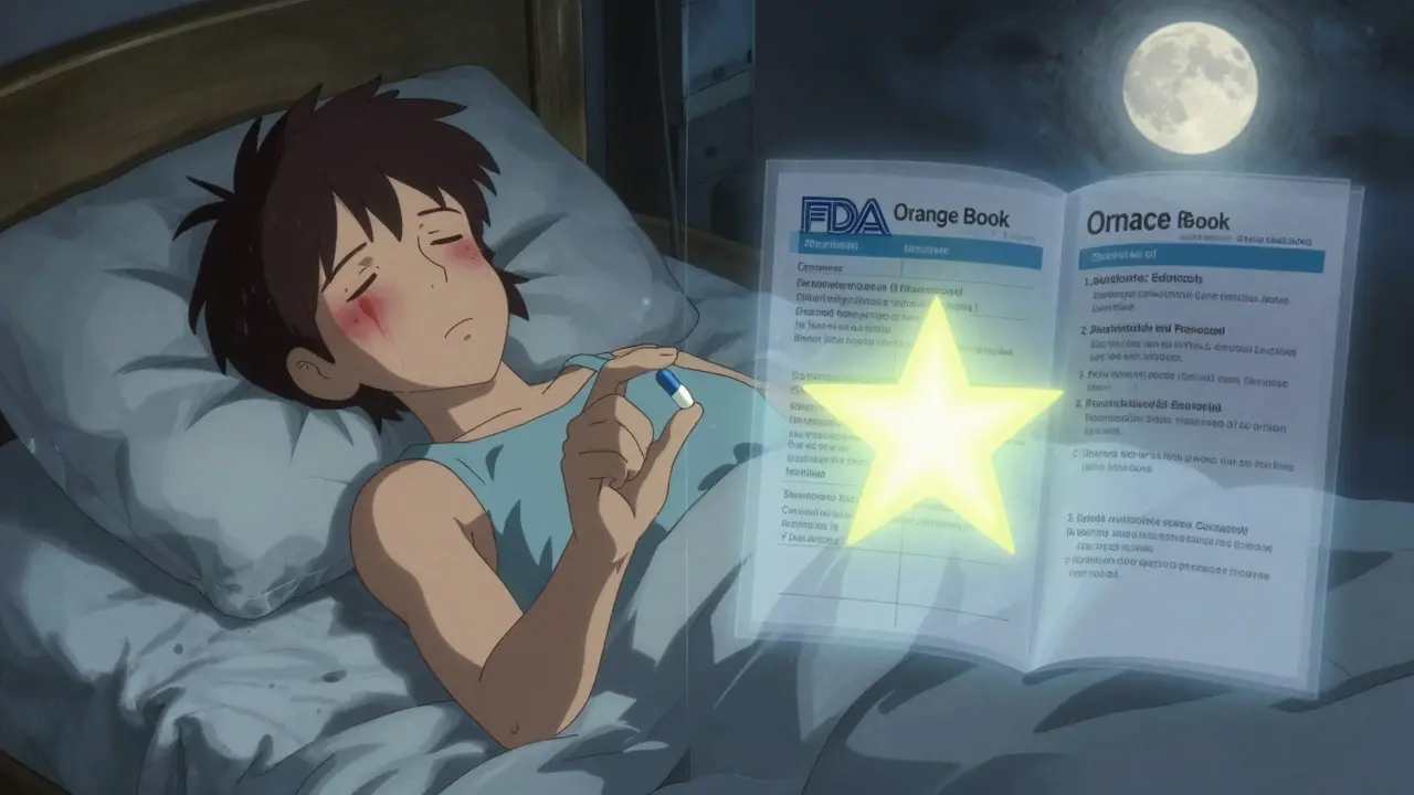 A person in bed holding two pills, one side of their body showing allergic reaction, the other calm, with a glowing book overlay.