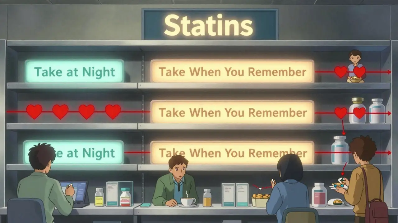 A pharmacy shelf updates labels from 'Take at Night' to 'Take When You Remember' as diverse patients take pills daily.
