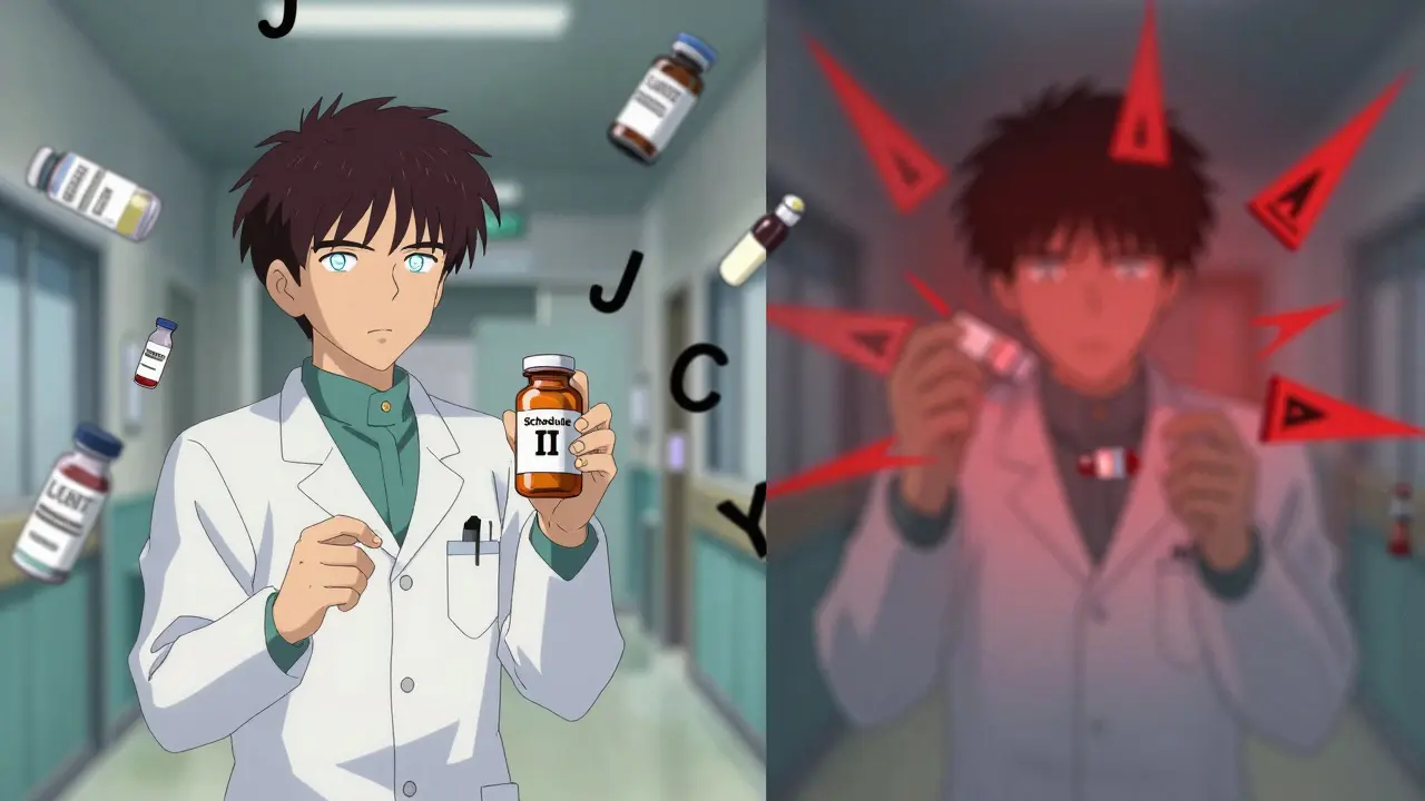 A technician in a VA pharmacy holding a controlled substance, with floating drug names and contrasting calm versus chaotic outcomes around them.