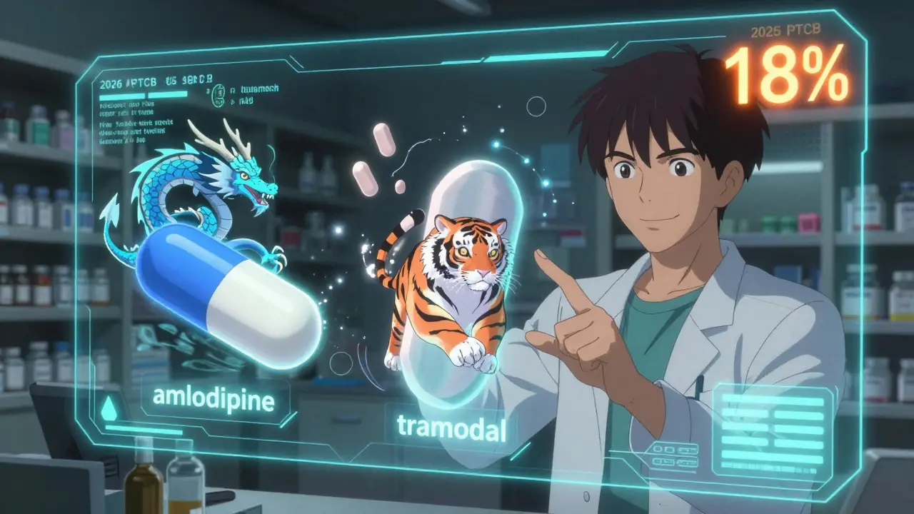 A technician interacting with holographic drug images that transform into symbolic creatures, while data streams show new generics updating in real time.