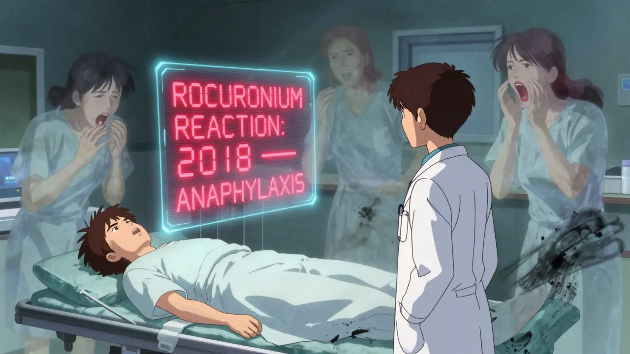 An anesthesiologist faces a pulsing holographic alert of a past drug reaction in an operating room.