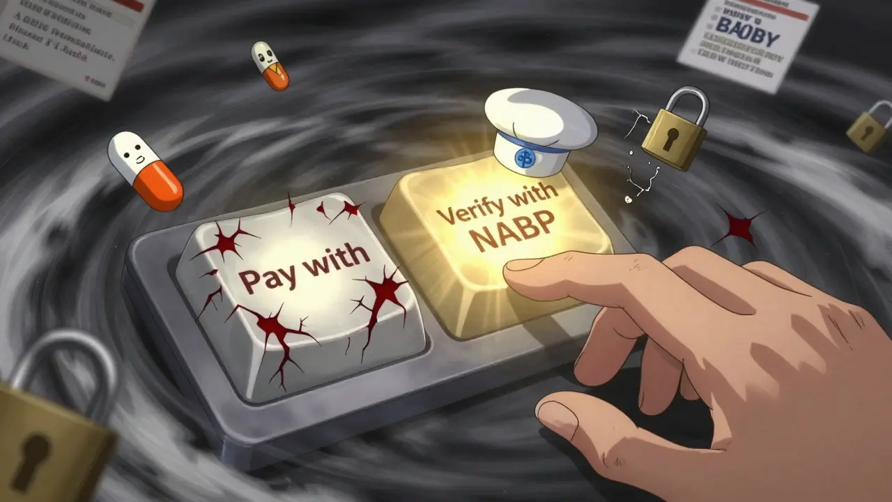 Hand choosing between paying with cryptocurrency or verifying a pharmacy through an official safety check.