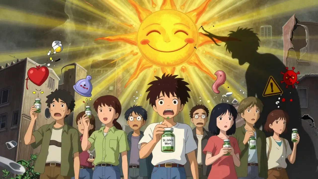 People holding herbal supplements as their medications crumble, surrounded by symbolic icons under a radiant sun.