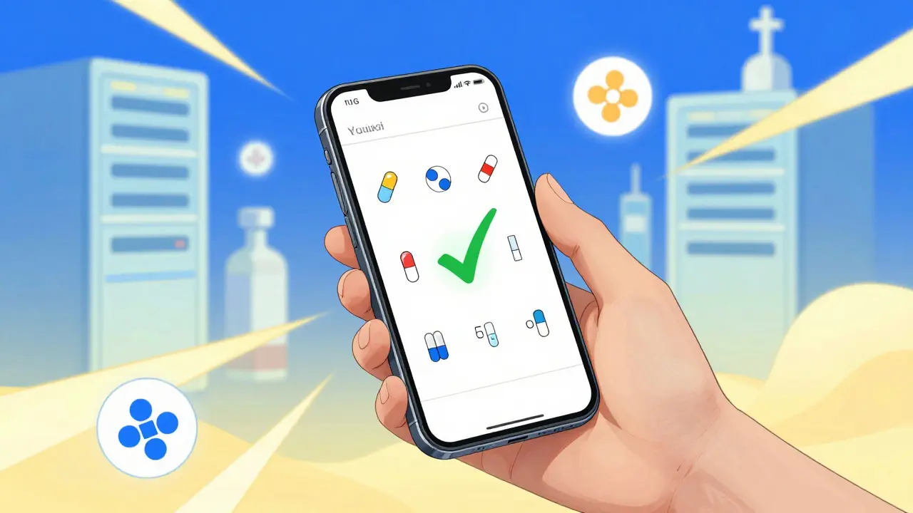 Pharmacist checking drug interactions on smartphone with green checkmark