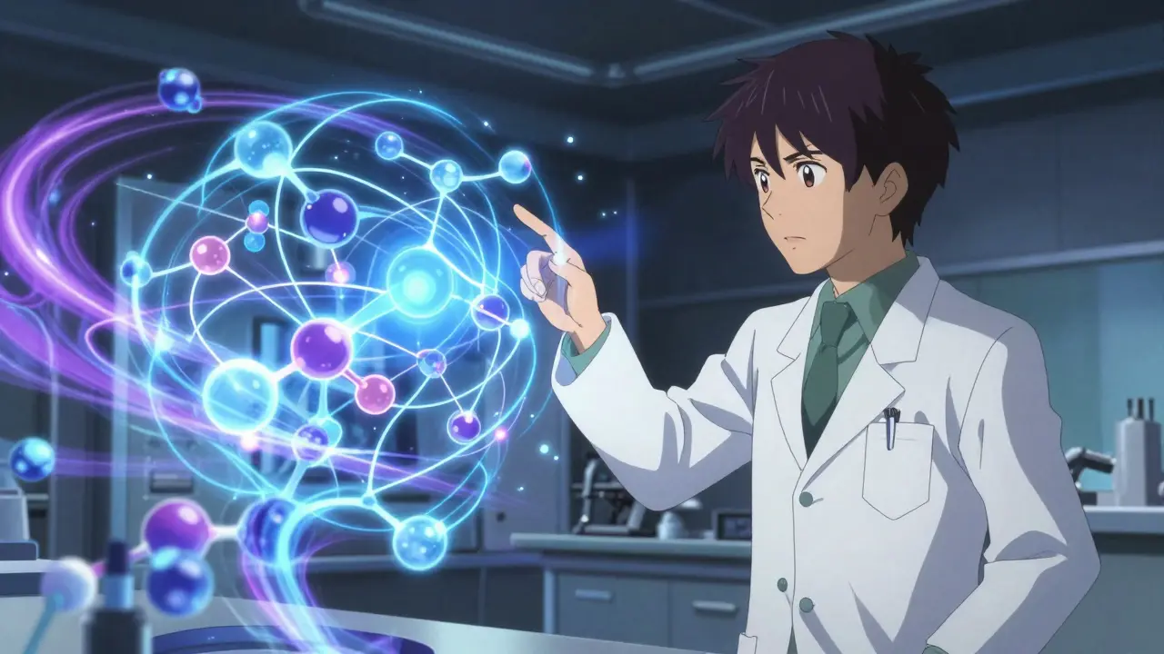 Scientist interacting with holographic AI drug molecule visualization