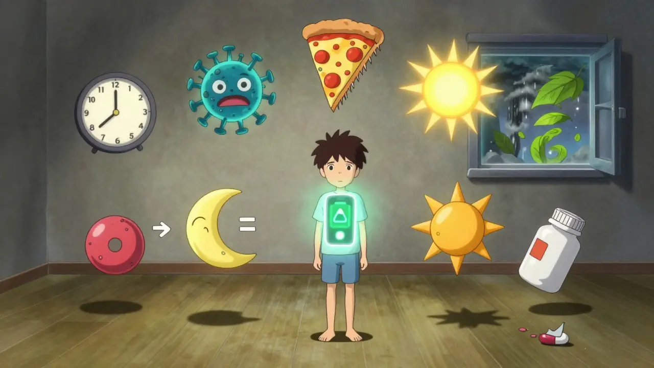 Seven surreal triggers surround a patient, each casting dark shadows over daily life.