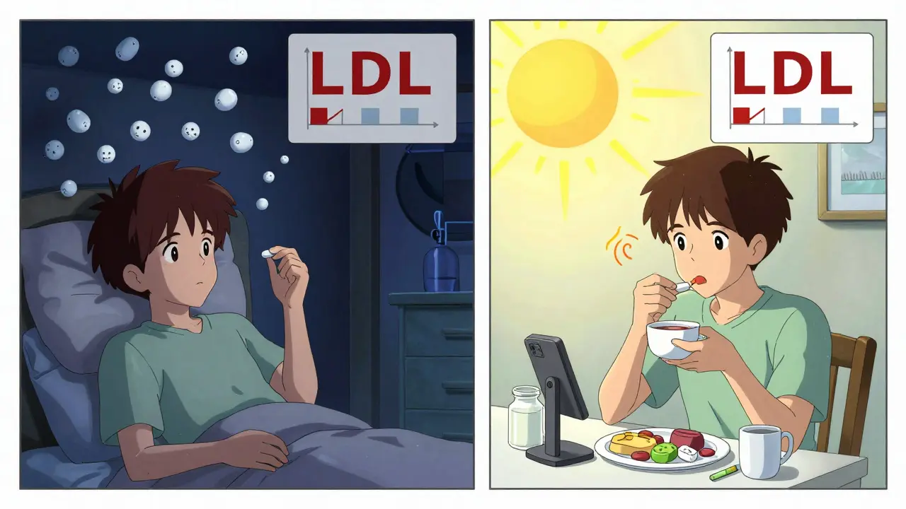 Two patients take statins at different times—night and morning—with identical cholesterol results above them.