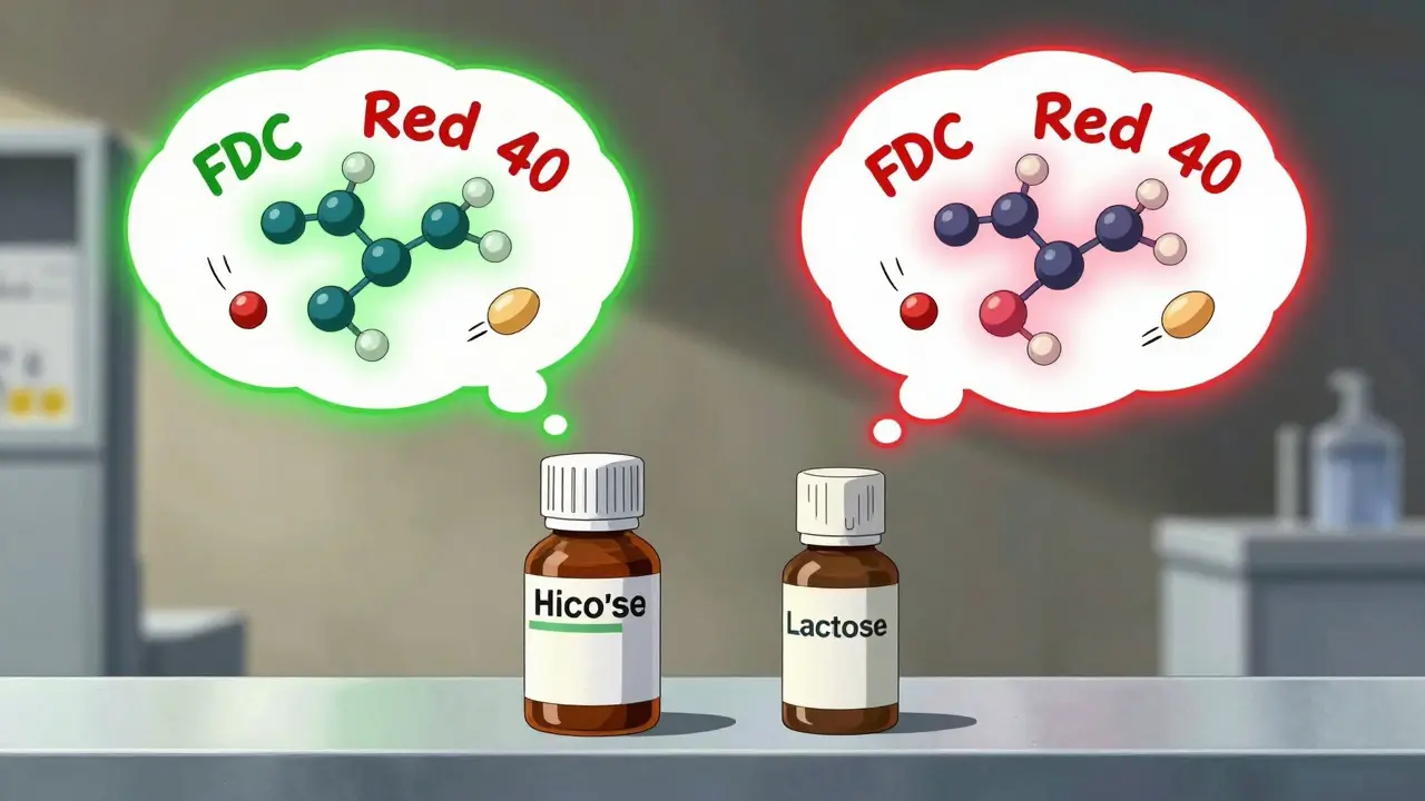 Two pills side by side with glowing molecular structures inside, labeled inactive ingredients in playful thought bubbles.