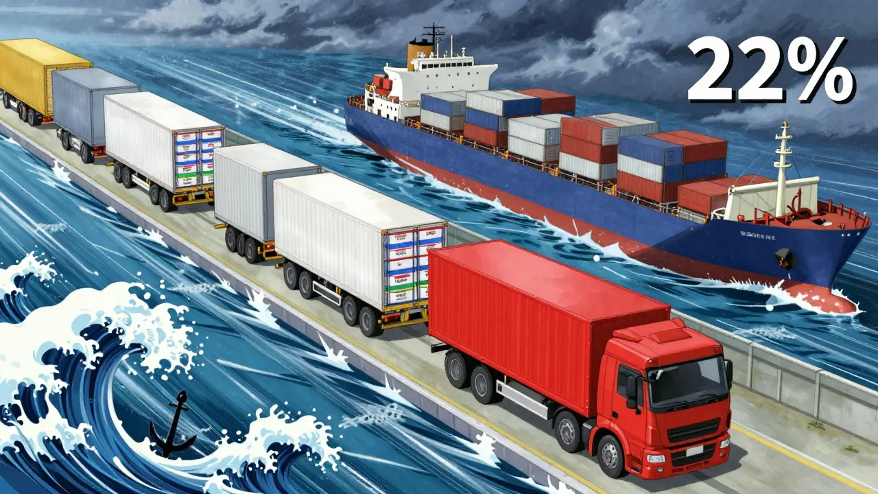 U.S. warehouse trucks delivering smoothly vs overseas ships stranded in storm.