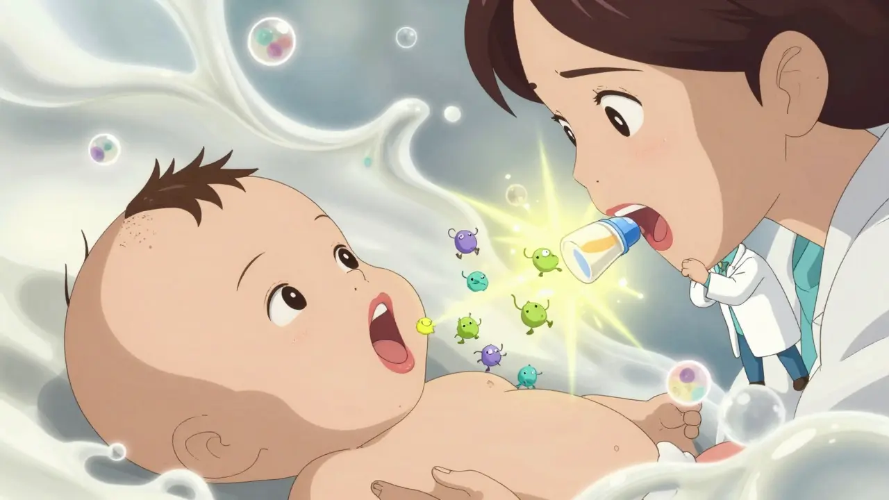 A baby’s mouth is healed by a hero made of breast milk, defeating yeast sprites with glitter.