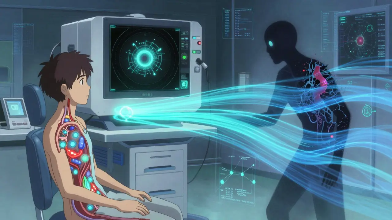 A futuristic uveitis clinic with floating medical scans and calming biologics replacing chaotic inflammation.