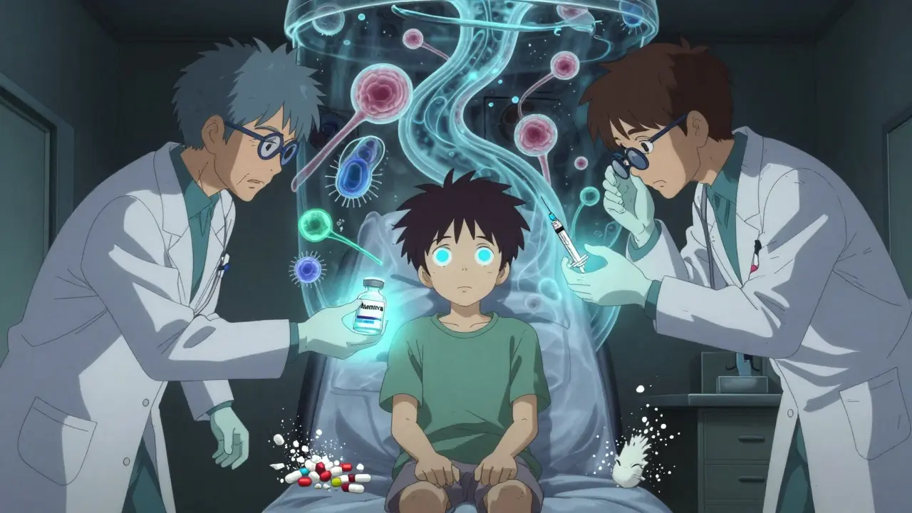 A patient in a clinic with two doctors offering biologic and immunosuppressant treatments, while immune cells swirl around them.