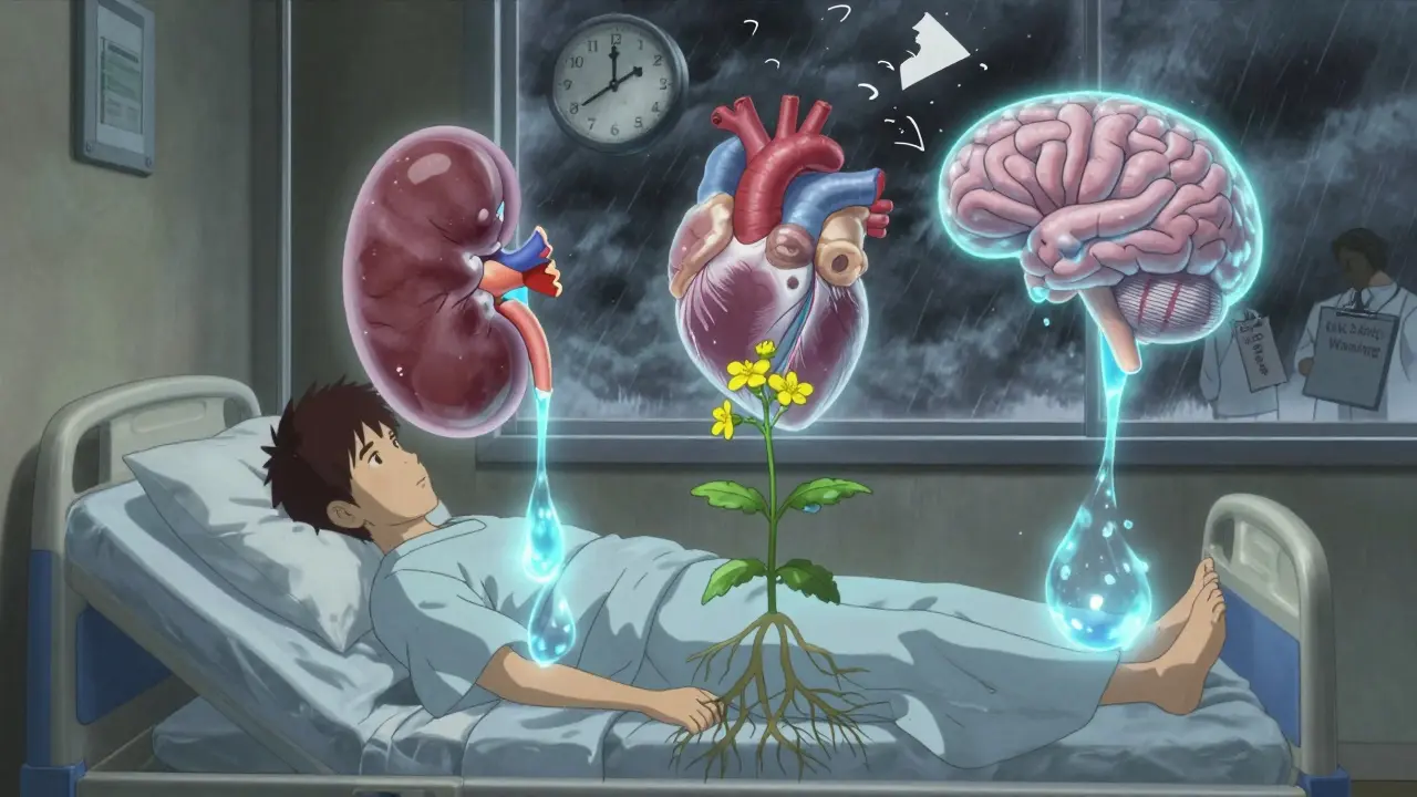 A patient in hospital with floating organs leaking fluid, rooted by a dangerous herbal plant.