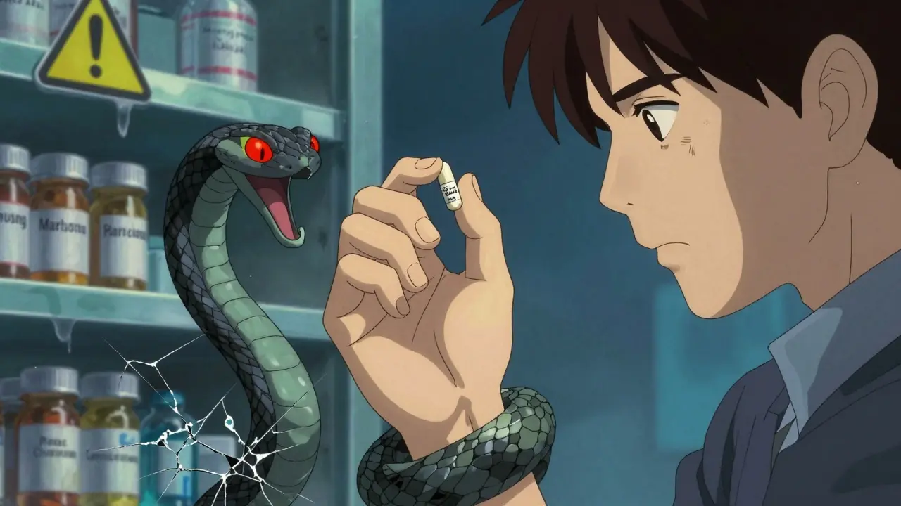 A person holding St. John’s Wort as prescription drugs coil around them like a hissing serpent.