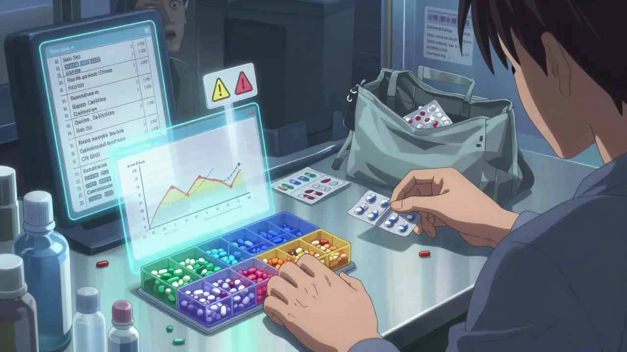 A pharmacist sorts pills into a color-coded organizer while floating dosage charts and warnings surround them.