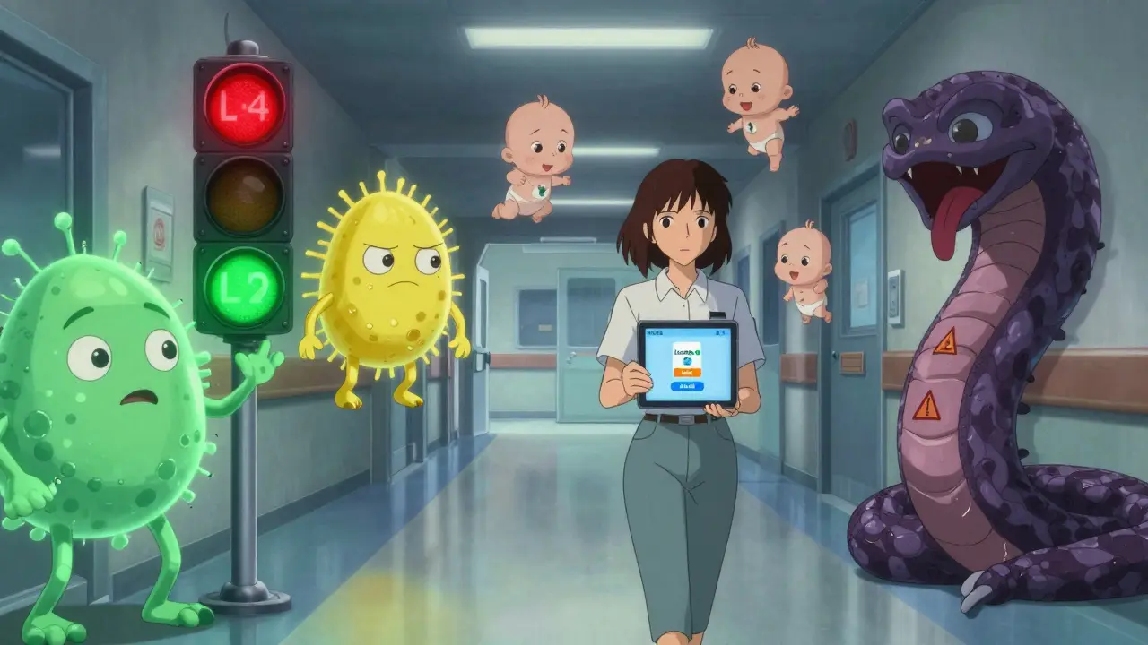 A surreal traffic light system shows antibiotic safety levels with friendly and warning microbes.