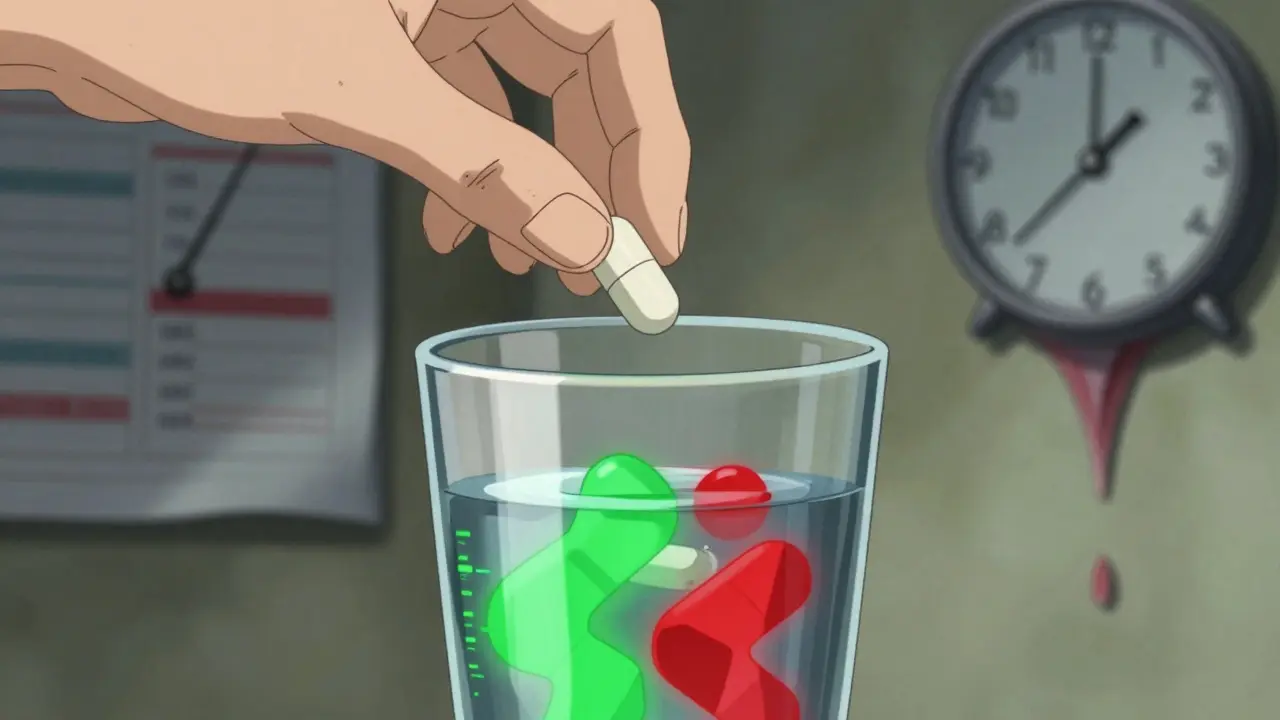 A trembling hand drops a warfarin pill into water, where abstract shapes represent unstable INR levels—green for safe, red for danger.
