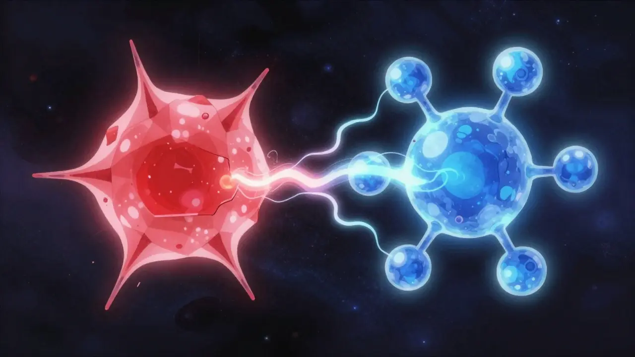 Abstract glowing molecular structures representing chemical cross-reactivity.