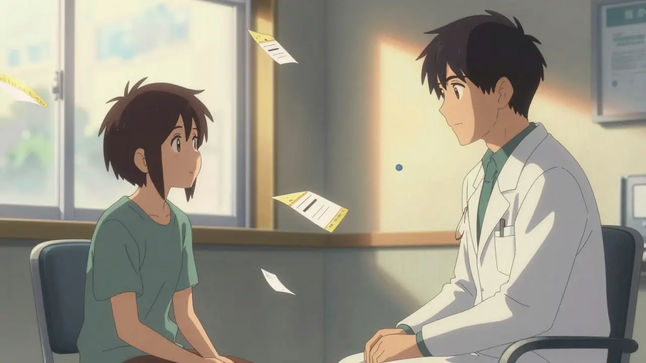 Doctor and patient reviewing records with hopeful lighting and clarity.