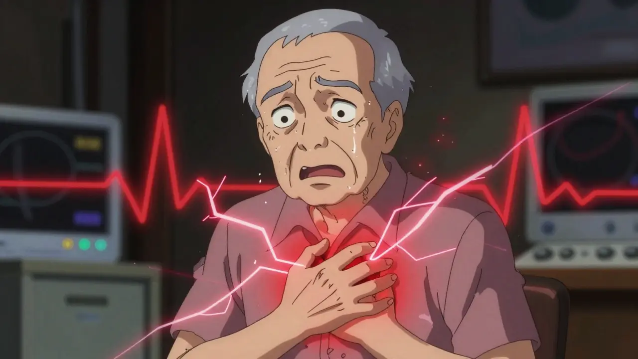 Elderly person clutching chest with crimson electrical arcs pulsing from their torso.