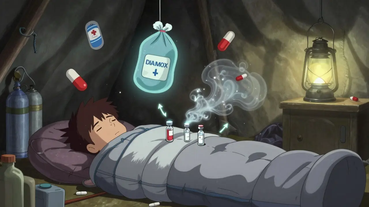 Insulin vials are kept warm inside a sleeping bag with a cloth-wrapped hand warmer at night in a mountain tent.