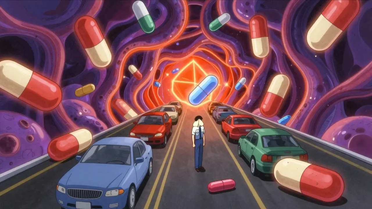 Microscopic highway scene where pill fragments block a tired enzyme worker.