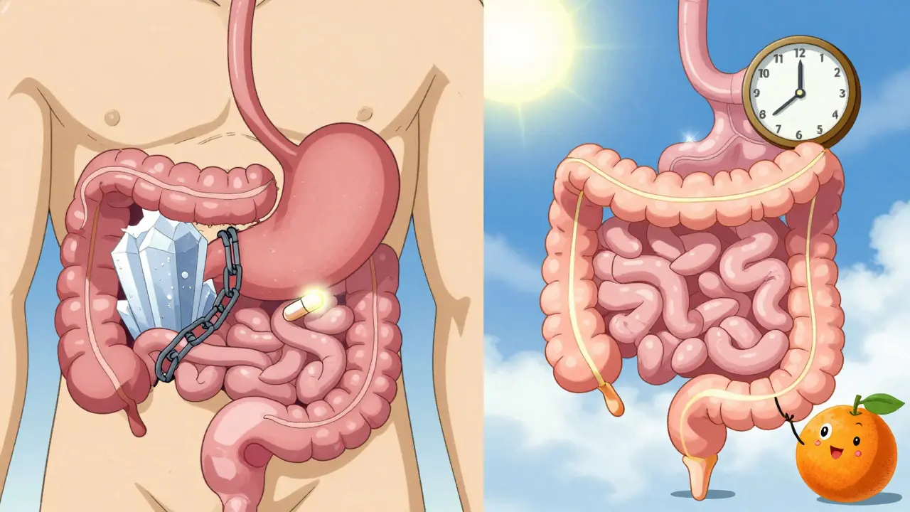 Split digestive tract showing levothyroxine blocked by calcium and iron on one side, freely absorbed on the other with vitamin C nearby.