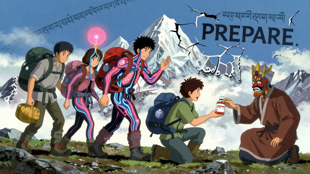 Trekkers on a high pass are partially transformed into glowing physiological forms, with a glowing hyperbaric bag held aloft.