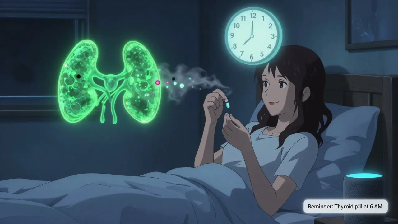 Woman taking iron at night with a 10-hour countdown timer, glowing thyroid cells pulsing as interference fades.