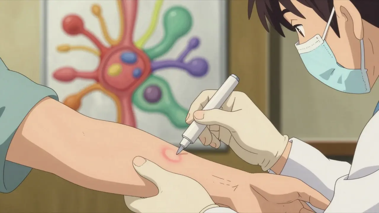 A close-up of an allergist performing a skin test on a patient's arm in a fluid anime style.