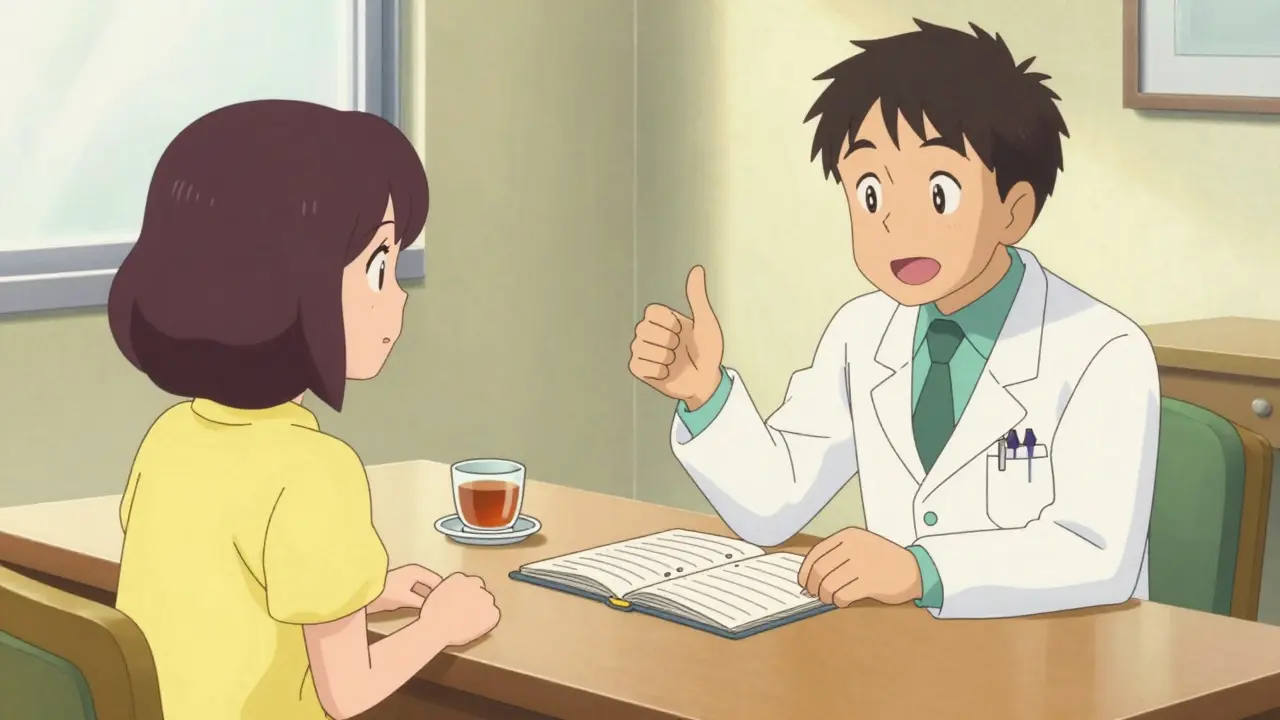 A patient and doctor discussing health habits with a tea cup and logbook in a fluid anime style.